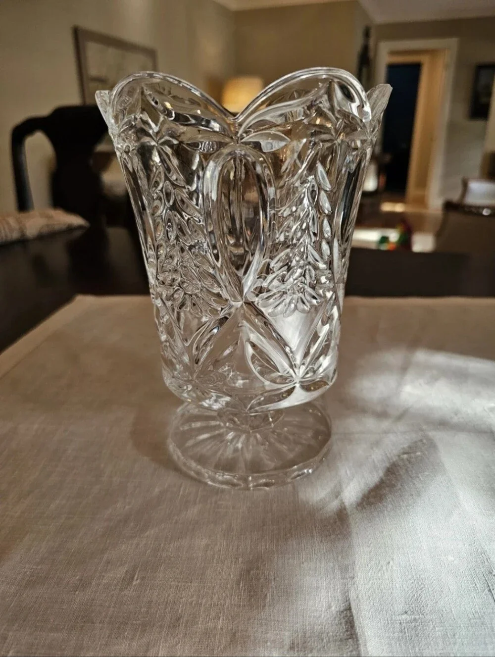 Fifth Avenue Crystal Ribbon Tree Hurricane Candle Holder Footed Vase Clear CHIP